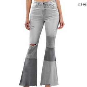 Ceros Distressed Colorblock Grey Bell bottom Jeans